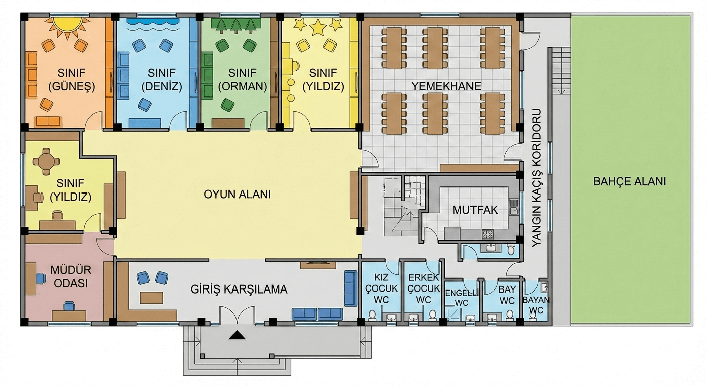 100+ kapasite anaokulu yerleşim planı