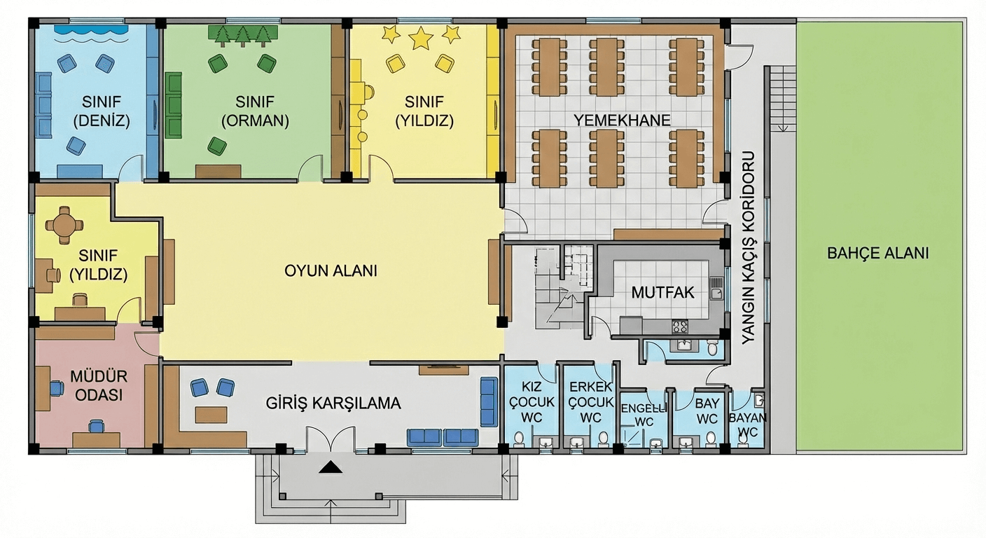 50 kapasite kreş mimari proje yerleşim planı