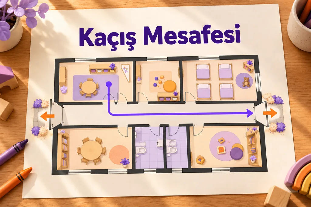Kreş kat planında iki çıkış ve kaçış mesafesi gösterimi